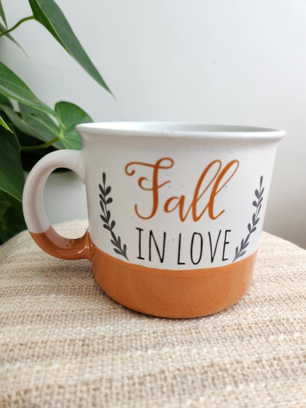 Fall In Love Stoneware Speckled Coffee Cup Mug White Orange 12 Oz